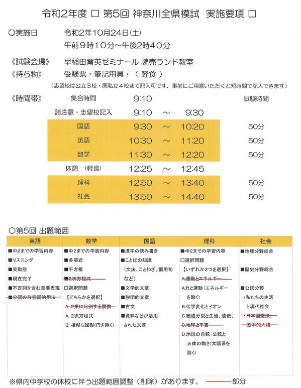 令和２年度第５回神奈川全県模試 実施要項・出題範囲 お知らせ・ご案内 多摩区・麻生区の塾｜個別指導なら学習塾”早稲育の読売ランド教室”